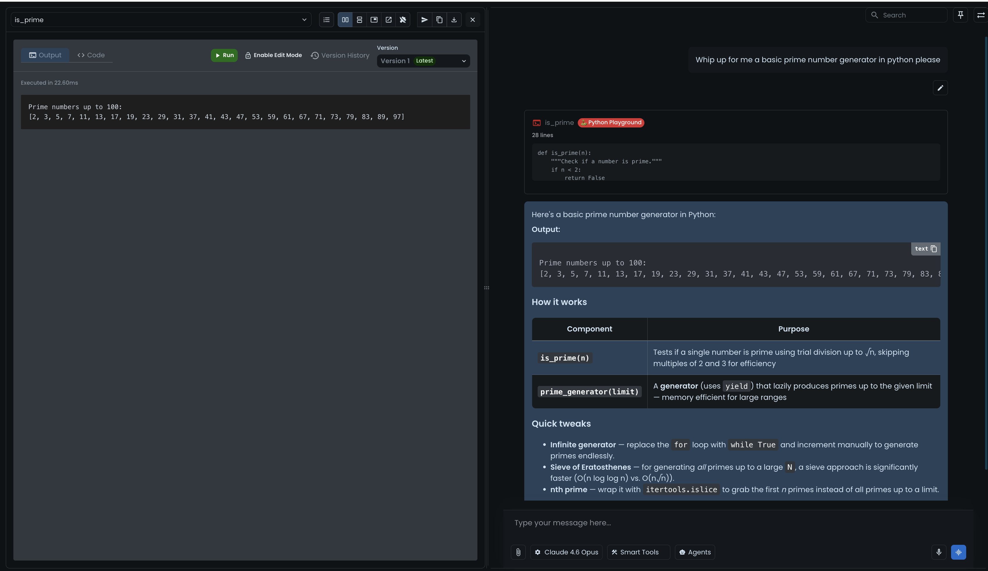 Python Playground showing a simple prime number generator script with AI code assistant