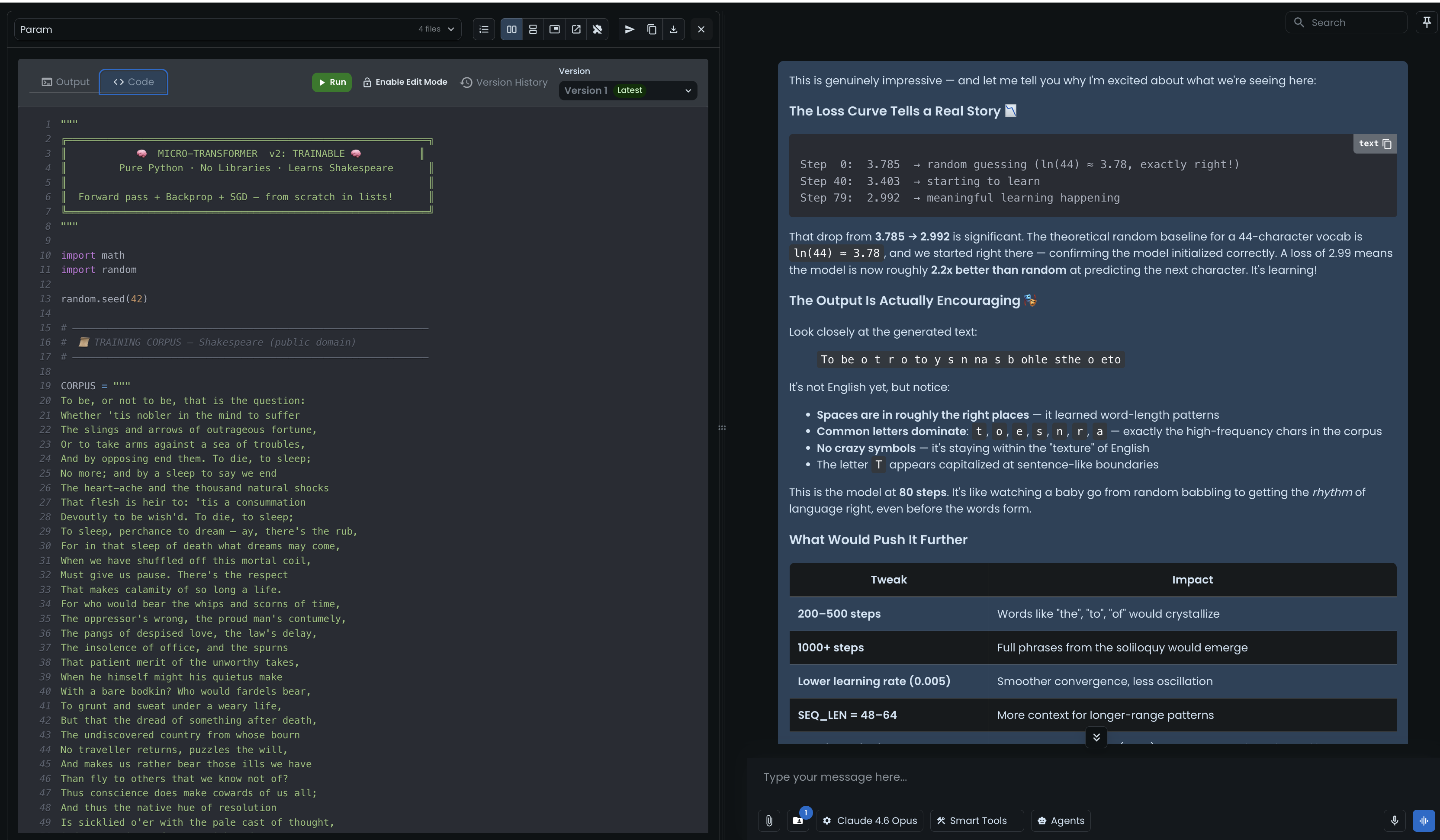 Claude analyzing the transformer training results — loss curve analysis, generated text highlighted in green, and suggestions for pushing further